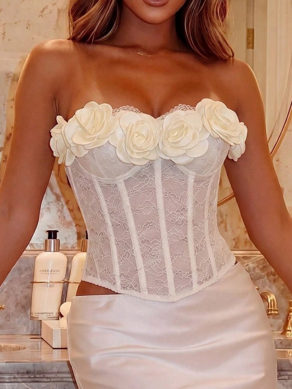 Apricot Elegant Women's 3d Floral Decor Lace Patchwork Camisole Top - Picture 4 of 5